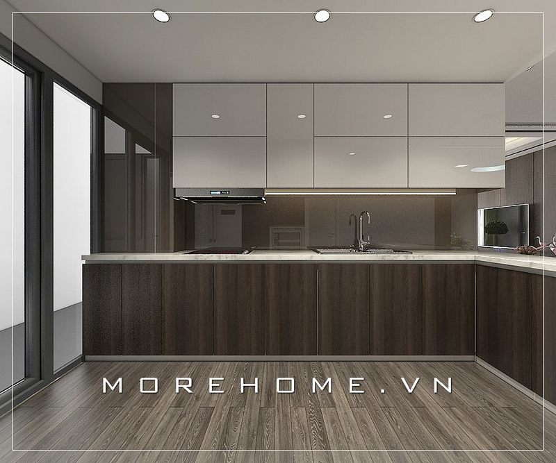 Mẫu tủ bếp chữ L, gỗ công nghiệp kết hợp các thiết bị bếp hiện đại, tiện nghi cho người nội trợ